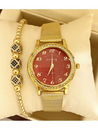 Ceas dama auriu cu bratara metalica si cadran rosu