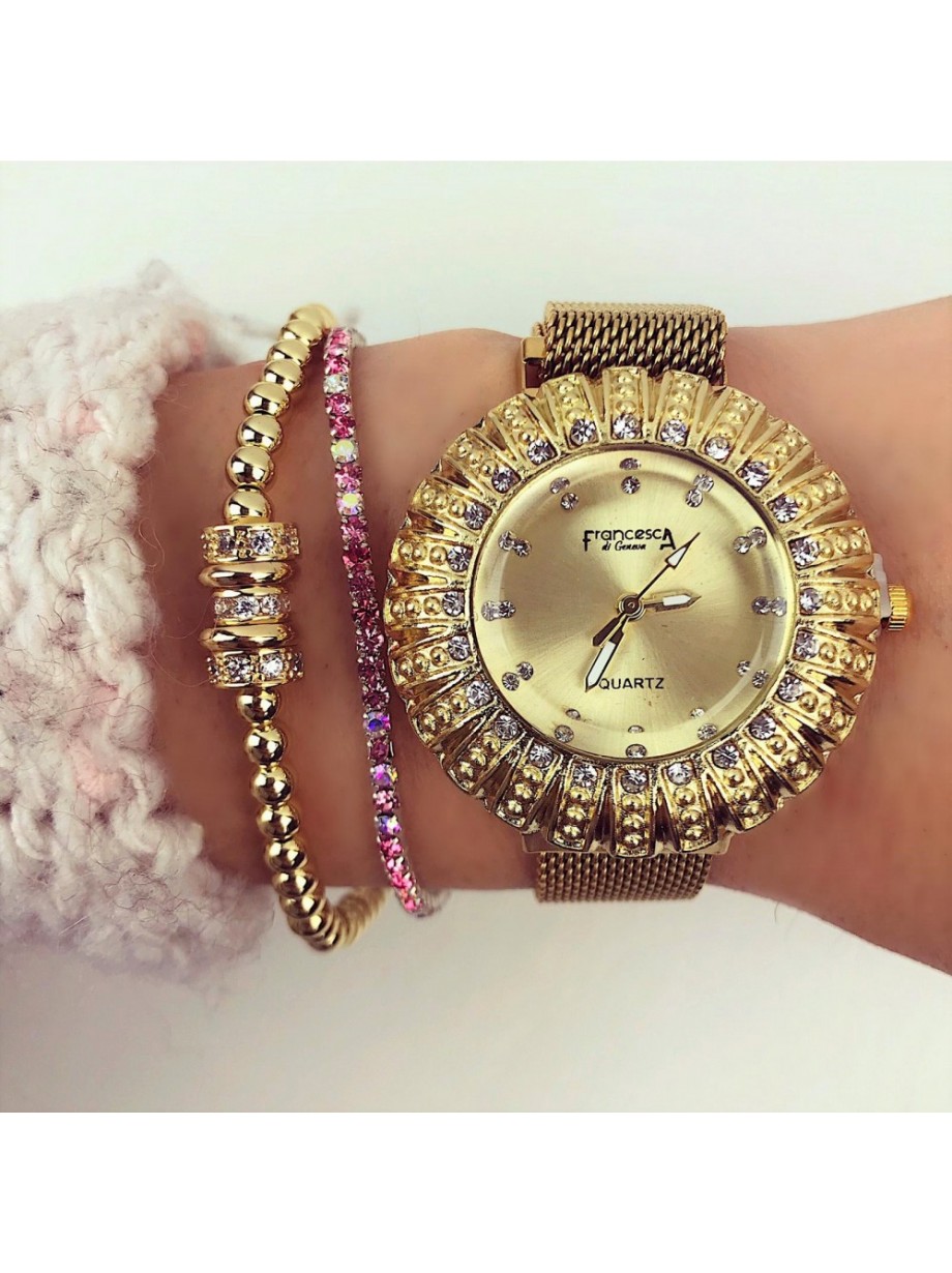 Ceas dama auriu bratara metalica si cadran auriu Francesca