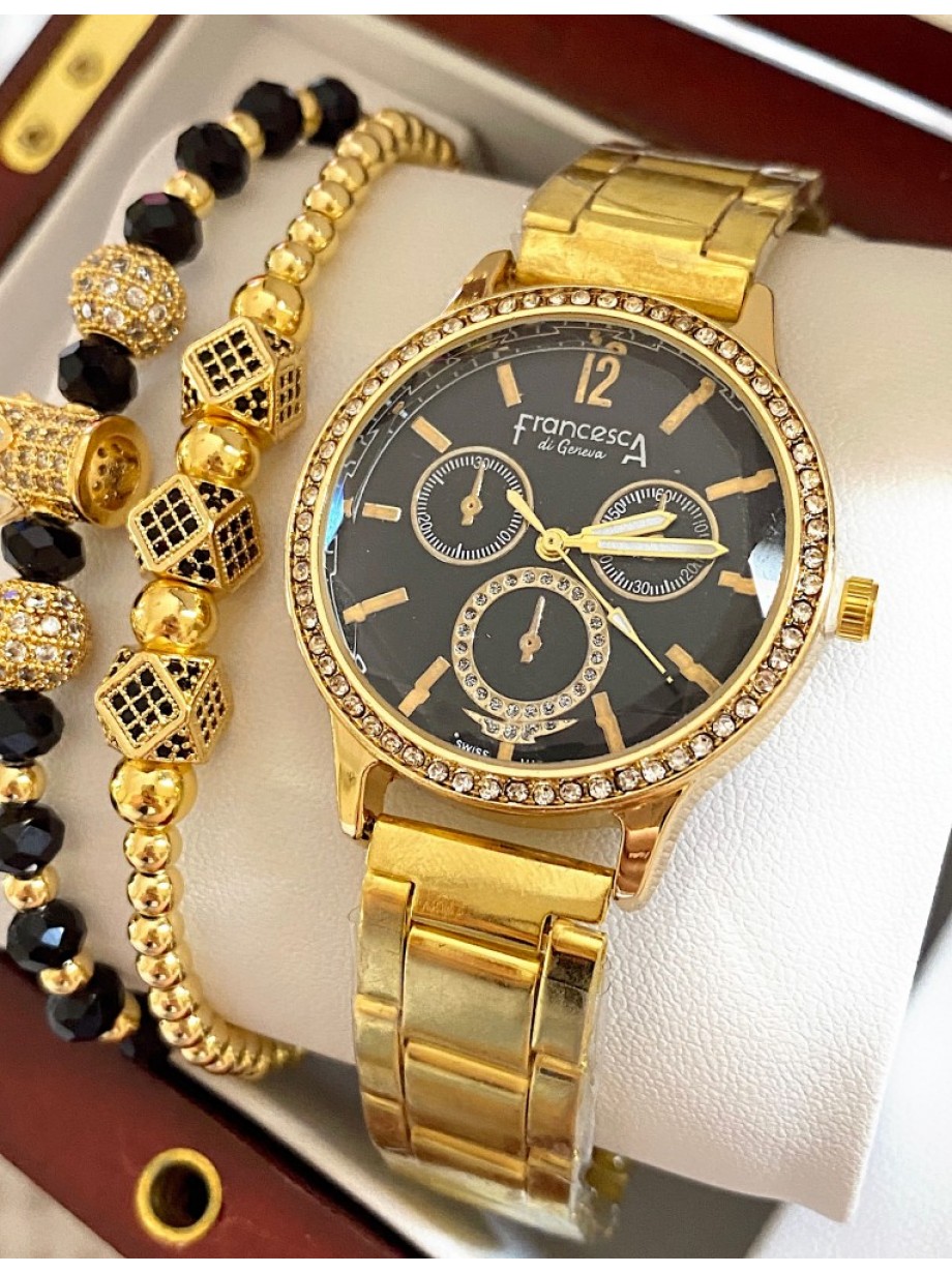 Ceas dama auriu cu bratara metalica si cadran negru 