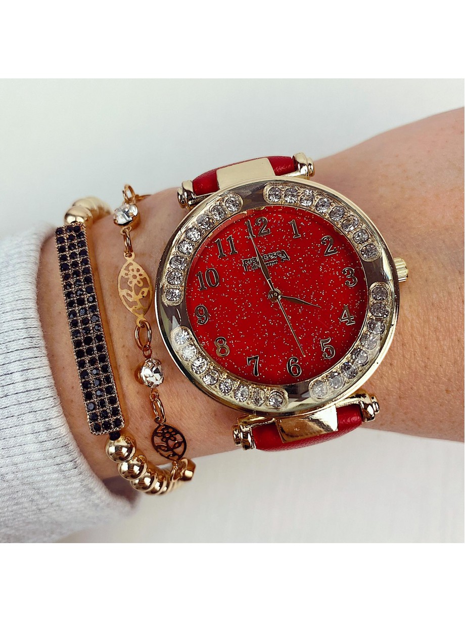Ceas dama rosu si cadran auriu cu sclipici si curea din piele ECO Francesca