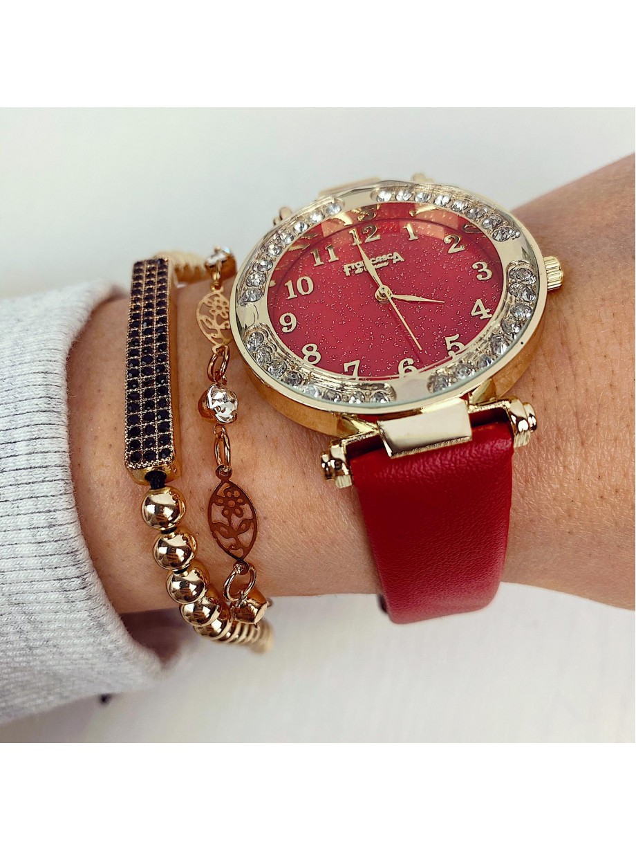 Ceas dama rosu si cadran auriu cu sclipici si curea din piele ECO Francesca