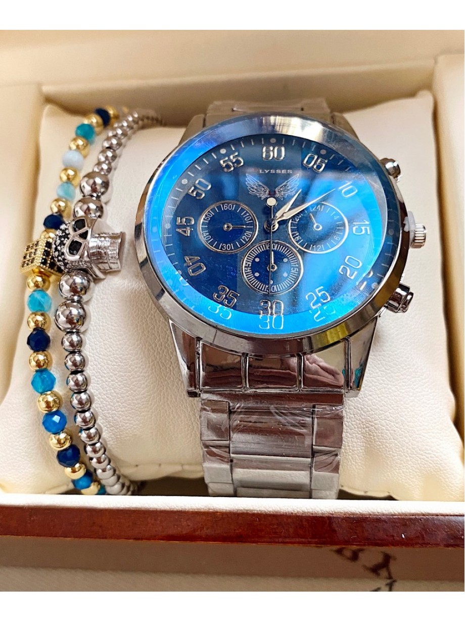 Ceas barbati argintiu cu bratara metalica si cadran albastru 