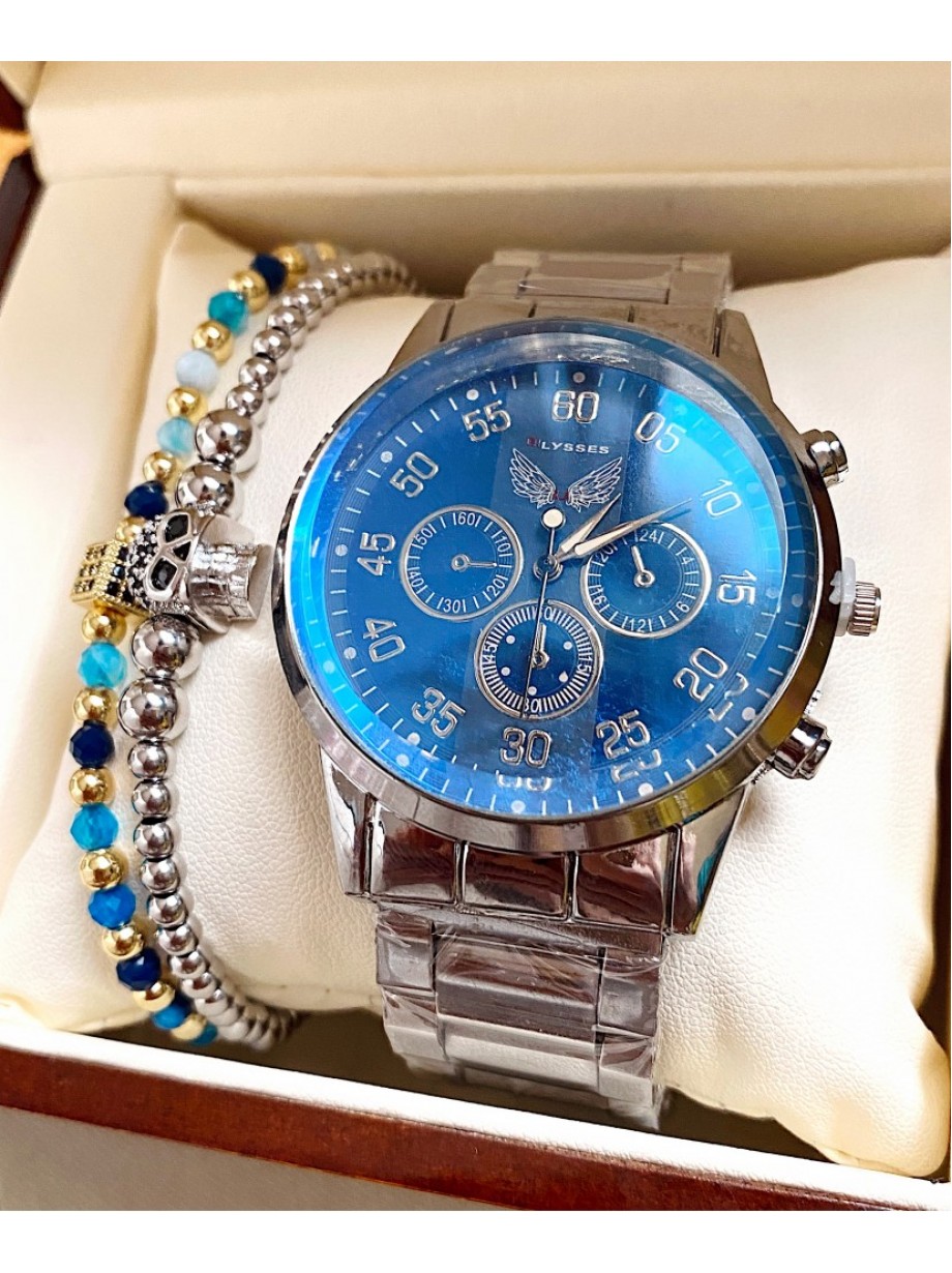 Ceas barbati argintiu cu bratara metalica si cadran albastru 