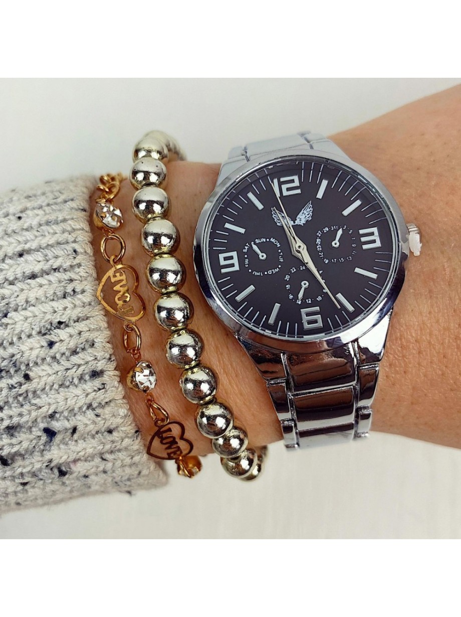 Ceas unisex argintiu bratara metalica si cadran negru 