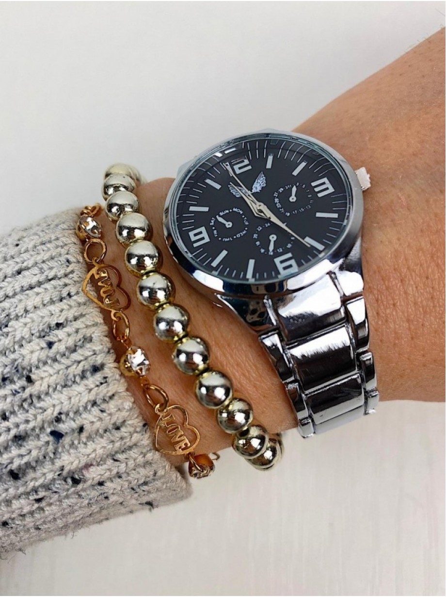 Ceas unisex argintiu bratara metalica si cadran negru 