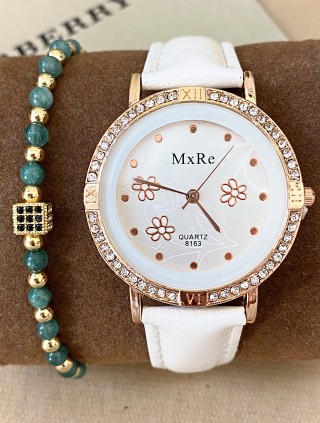 Ceas dama alb cu bratara din piele ecologica si cadran cu flori