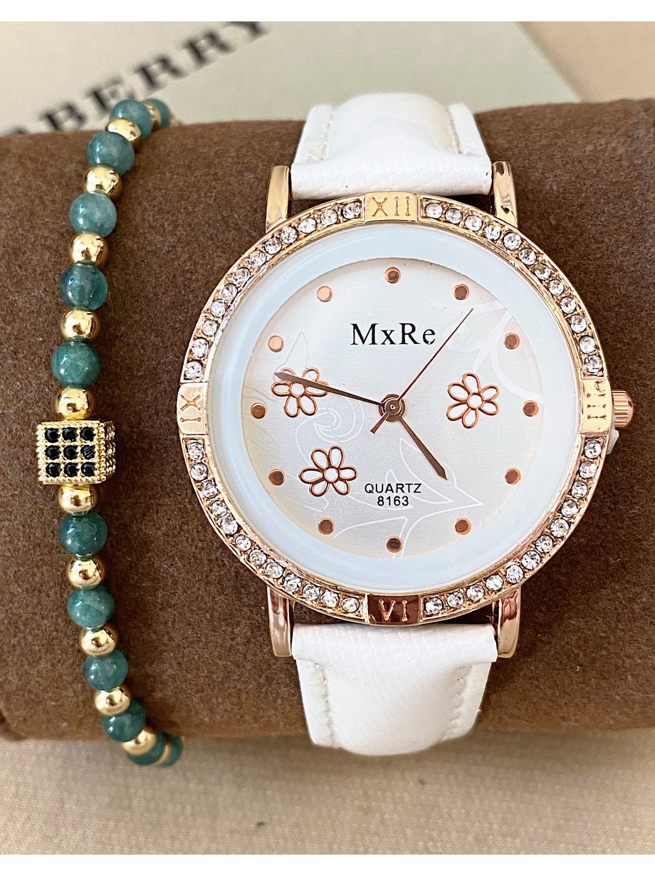 Ceas dama alb cu bratara din piele ecologica si cadran cu flori