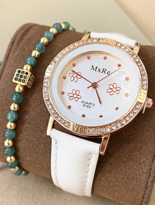 Ceas dama alb cu bratara din piele ecologica si cadran cu flori