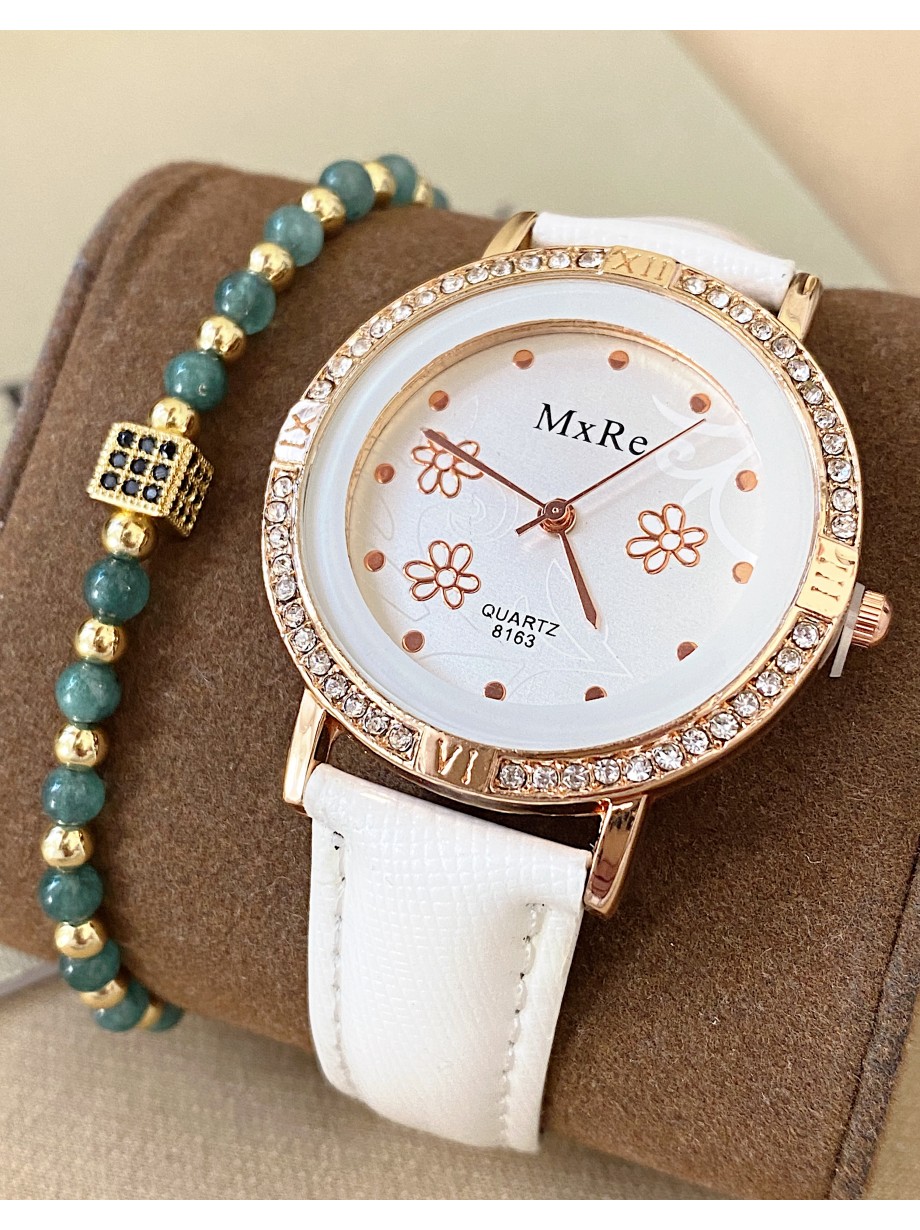 Ceas dama alb cu bratara din piele ecologica si cadran cu flori