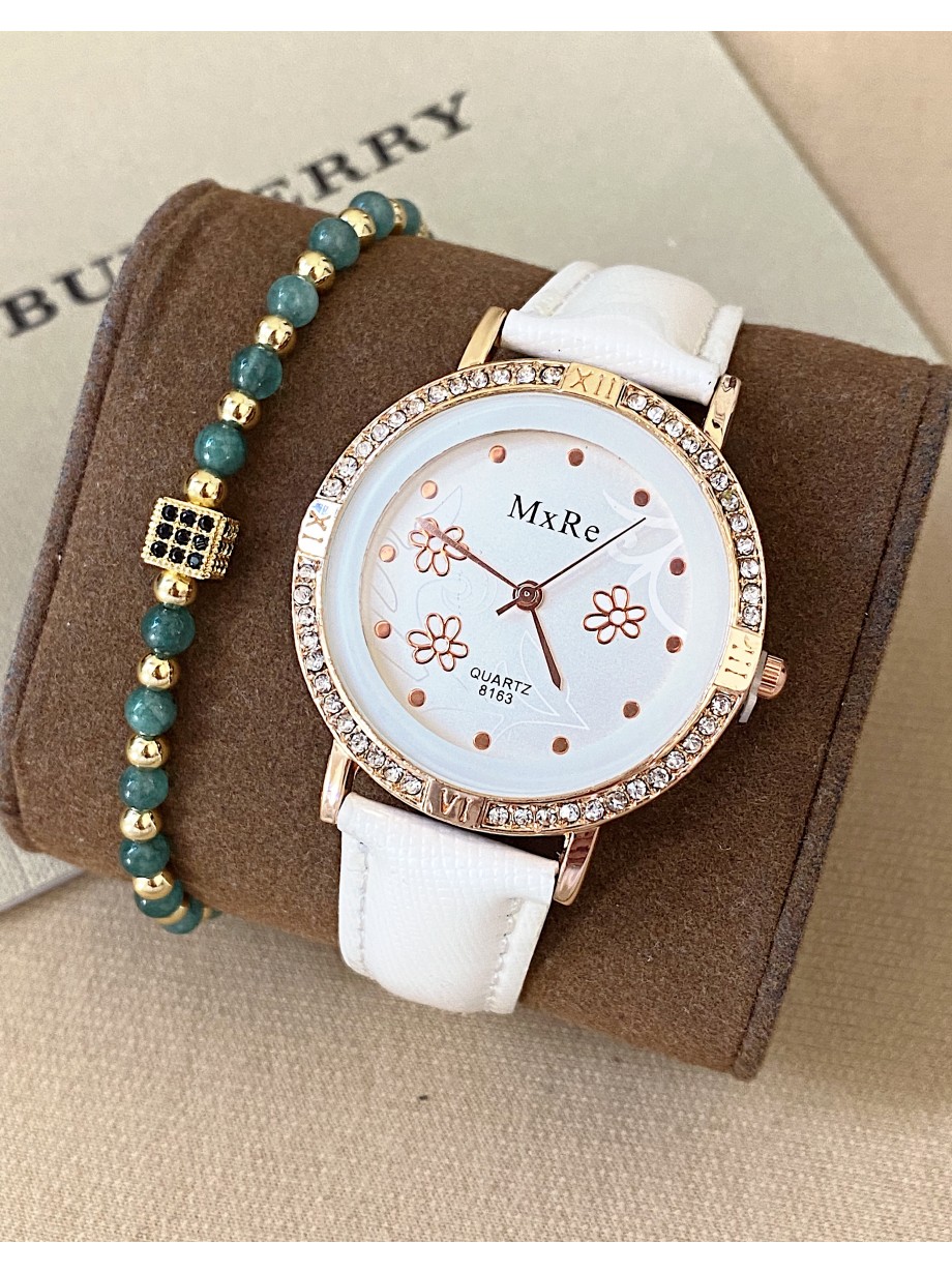 Ceas dama alb cu bratara din piele ecologica si cadran cu flori