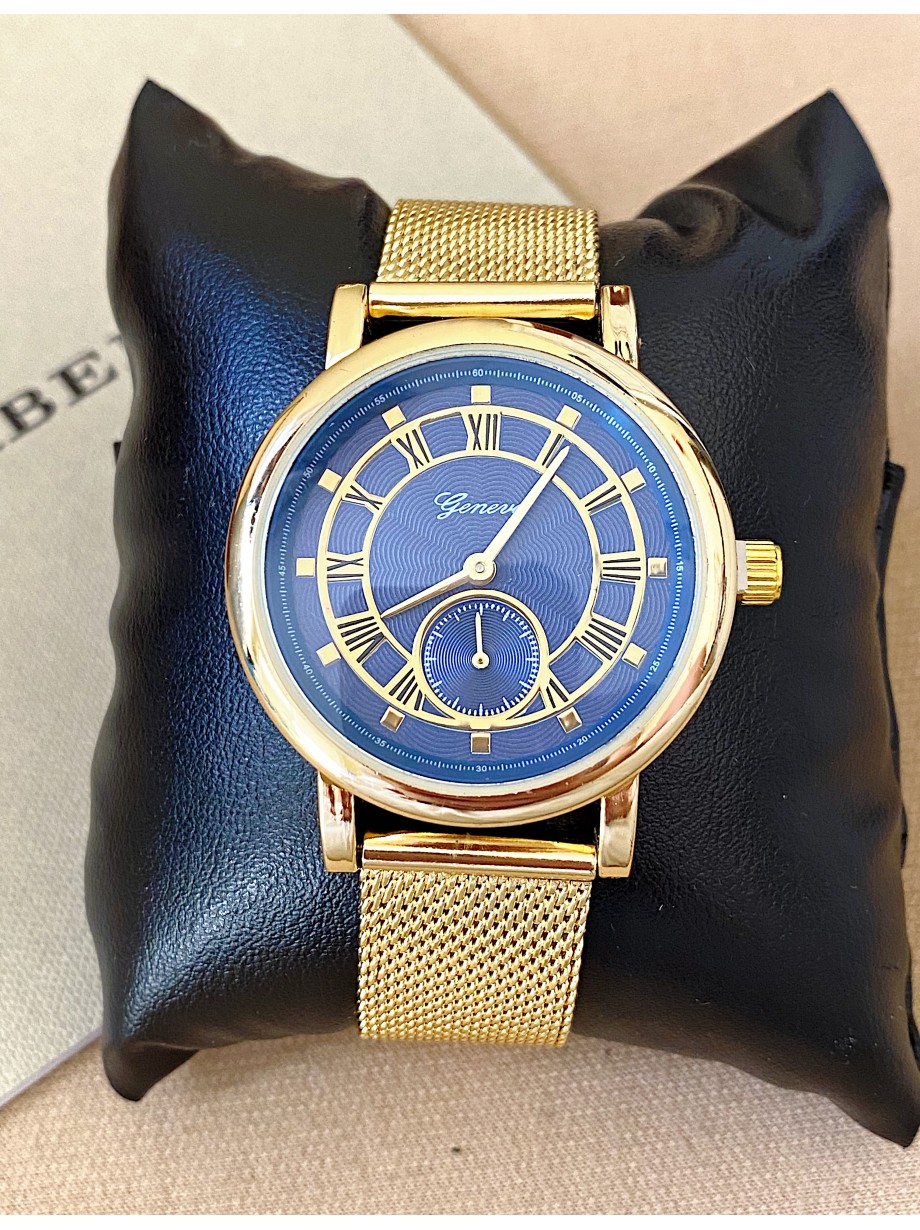 Ceas barbat auriu cu bratara metalica si cadran albastru