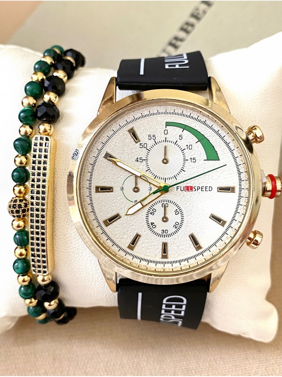 Ceas barbat negru cu bratara din piele ecologica si cadran alb