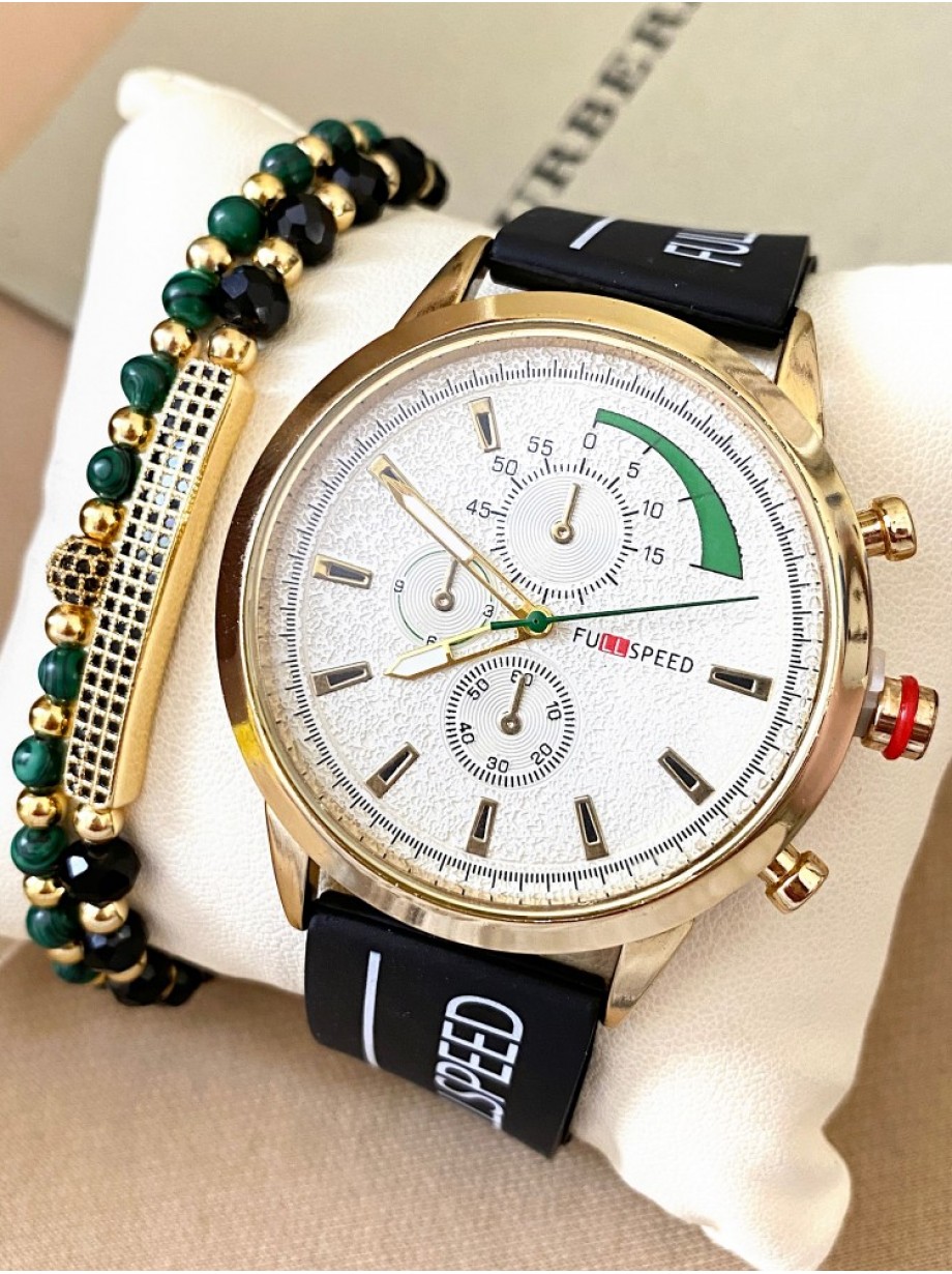 Ceas barbat negru cu bratara din piele ecologica si cadran alb