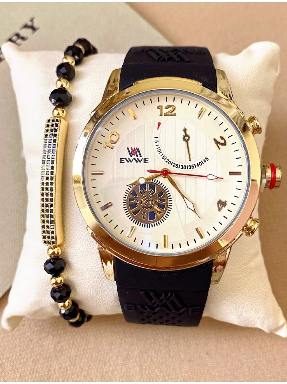 Ceas barbat negru cu bratara din silicon si cadran alb