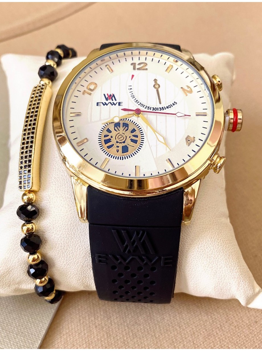 Ceas barbat negru cu bratara din silicon si cadran alb