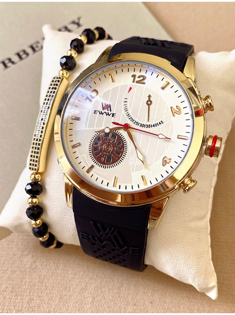 Ceas barbat negru cu bratara din silicon si cadran alb