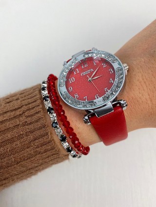 Ceas dama rosu si cadran argintiu cu sclipici si curea din piele ECO Francesca