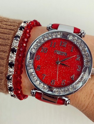 Ceas dama rosu si cadran argintiu cu sclipici si curea din piele ECO Francesca