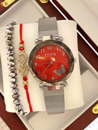 Ceas dama argintiu cu bratara metalica si cadran rosu cu fluture mic