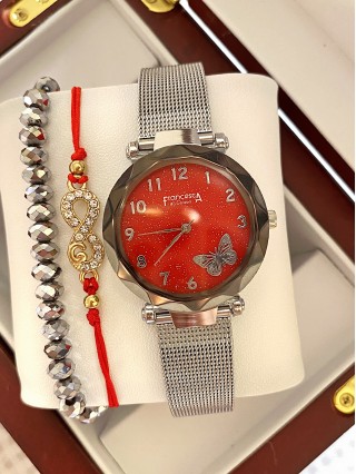 Ceas dama argintiu cu bratara metalica si cadran rosu cu fluture mic