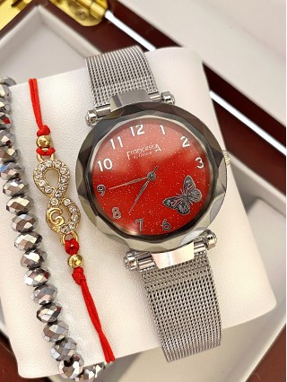 Ceas dama argintiu cu bratara metalica si cadran rosu cu fluture mic