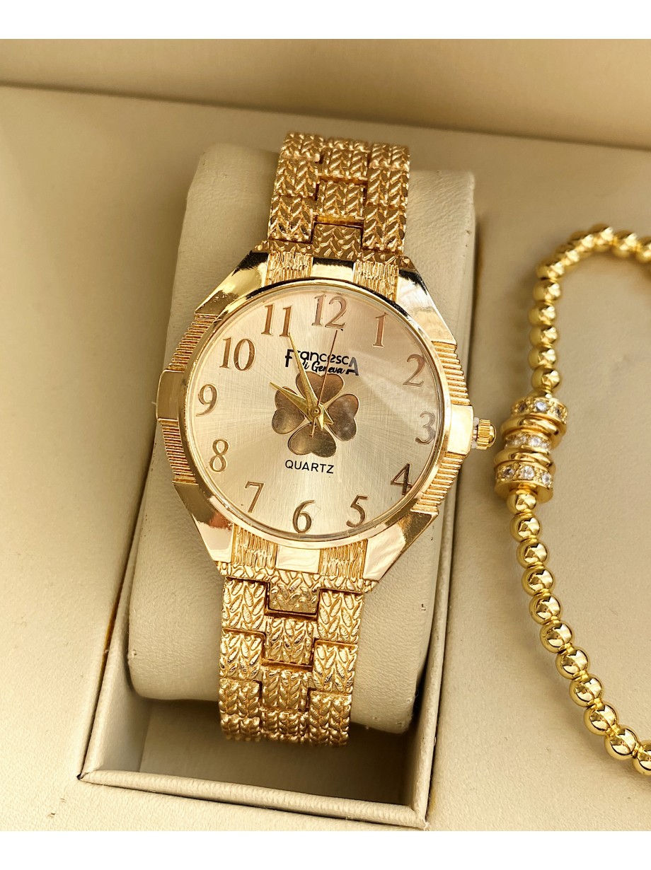 Ceas dama auriu cu bratara metalica si cadran cu trifoi