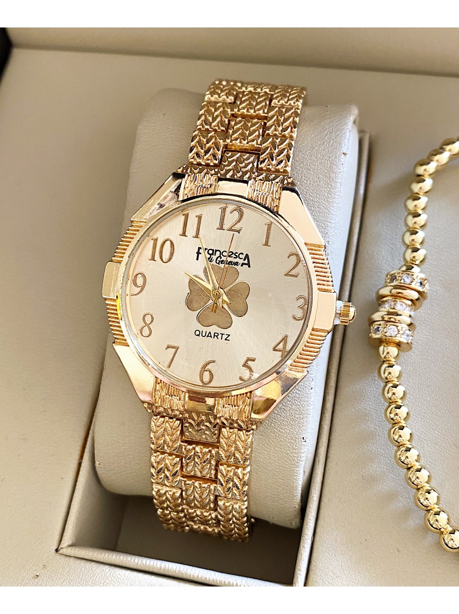 Ceas dama auriu cu bratara metalica si cadran cu trifoi