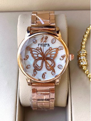Ceas dama roze cu bratara metalica si cadran cu fluture mare