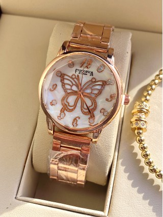 Ceas dama roze cu bratara metalica si cadran cu fluture mare