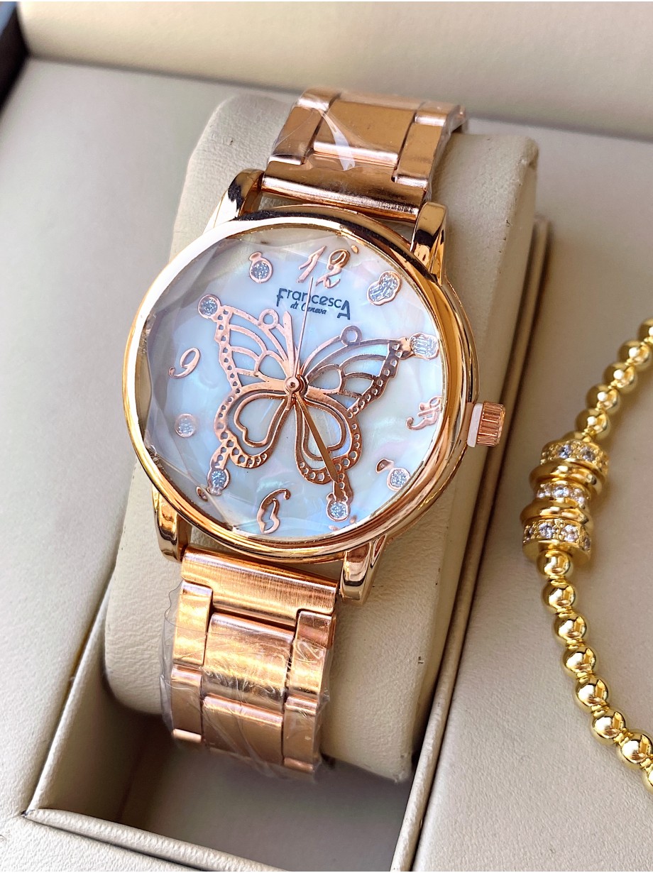 Ceas dama roze cu bratara metalica si cadran cu fluture mare