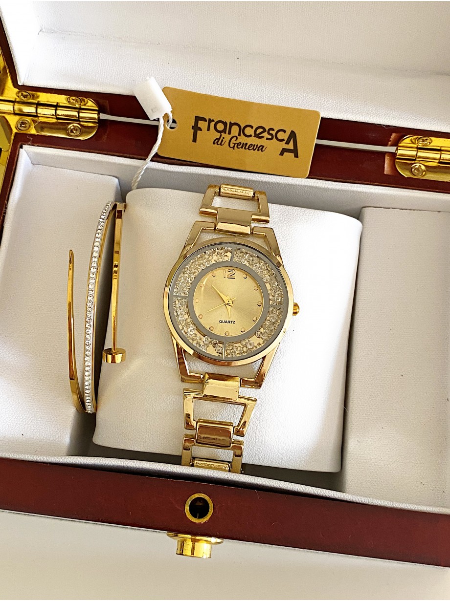 Ceas dama auriu cu bratara metalica si cadran fara cifre cu pietricile