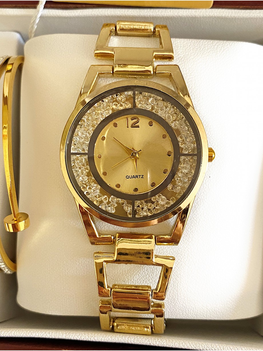 Ceas dama auriu cu bratara metalica si cadran fara cifre cu pietricile