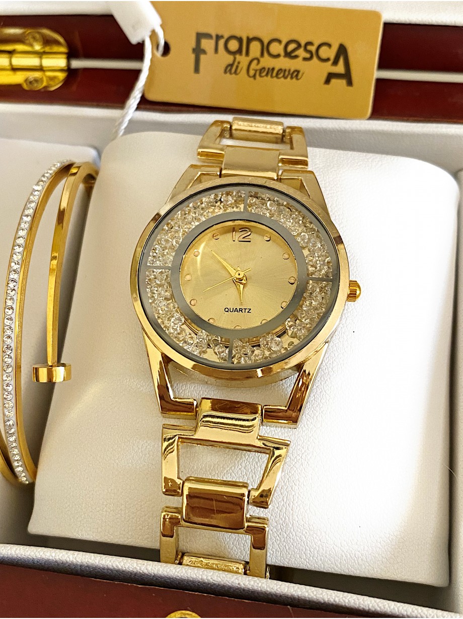 Ceas dama auriu cu bratara metalica si cadran fara cifre cu pietricile