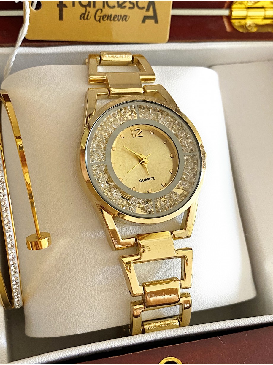 Ceas dama auriu cu bratara metalica si cadran fara cifre cu pietricile