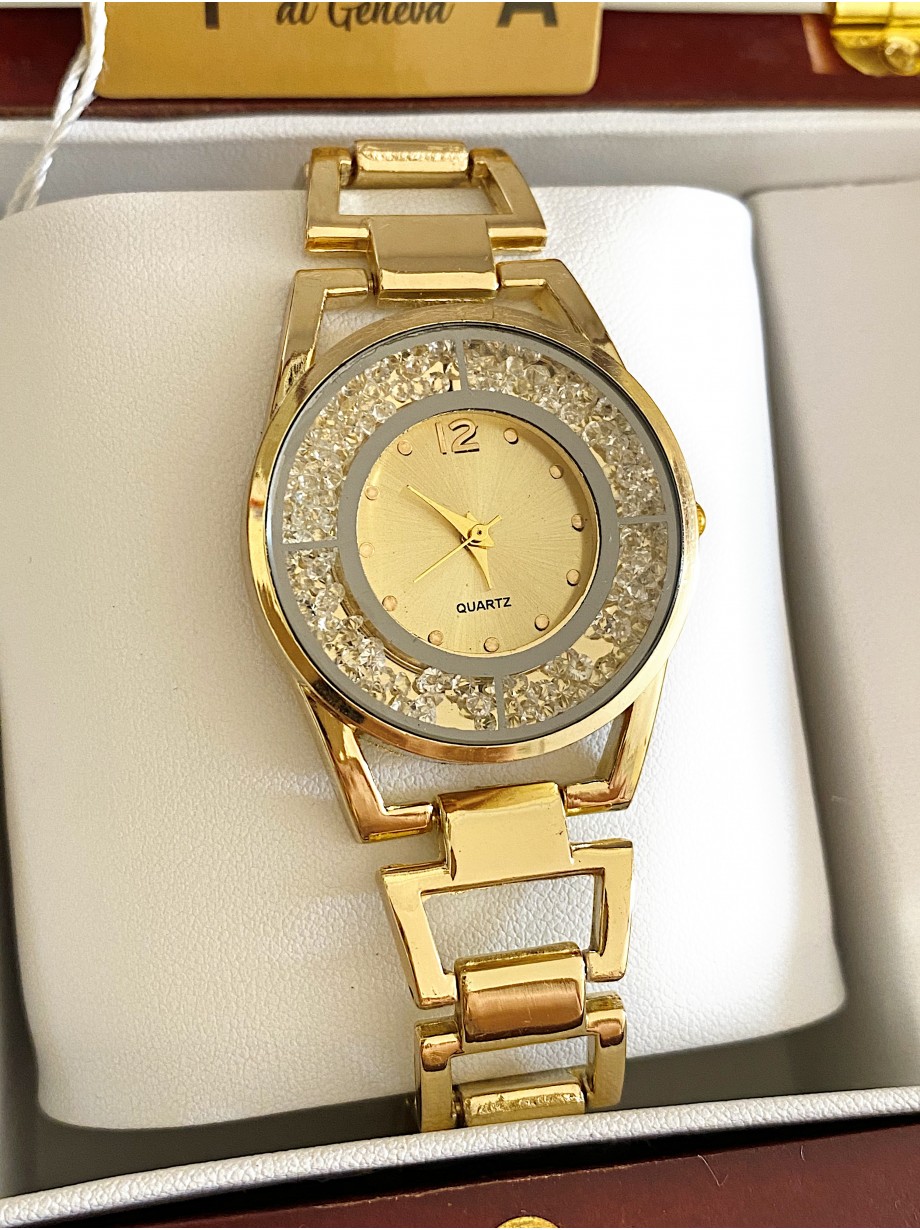 Ceas dama auriu cu bratara metalica si cadran fara cifre cu pietricile