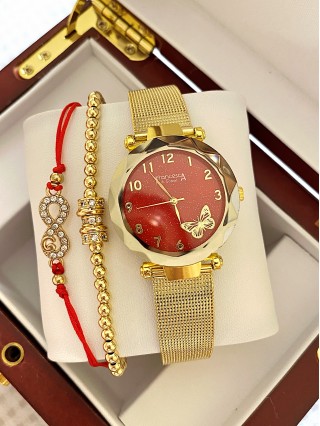 Ceas dama auriu cu bratara metalica si cadran rosu cu fluture mic
