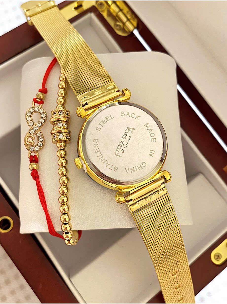 Ceas dama auriu cu bratara metalica si cadran rosu cu fluture mic