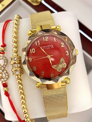 Ceas dama auriu cu bratara metalica si cadran rosu cu fluture mic