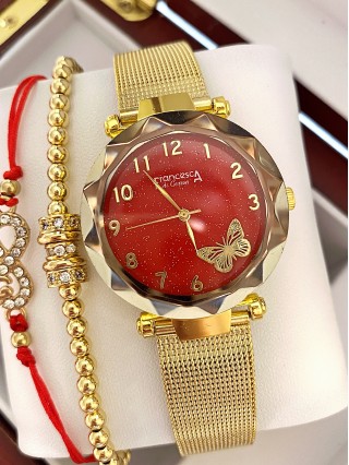 Ceas dama auriu cu bratara metalica si cadran rosu cu fluture mic