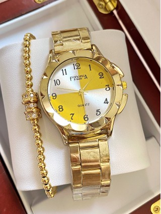 Ceas dama auriu cu bratara metalica si cadran cu 4 compartimente