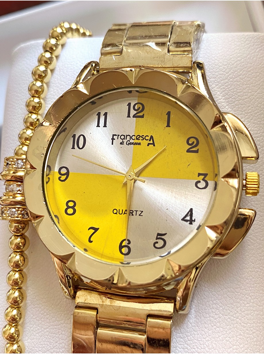 Ceas dama auriu cu bratara metalica si cadran cu 4 compartimente