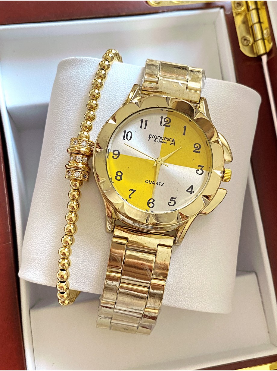 Ceas dama auriu cu bratara metalica si cadran cu 4 compartimente