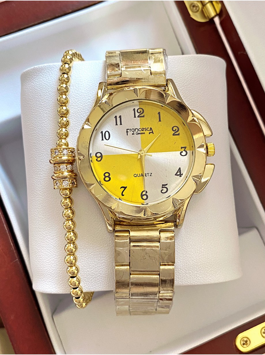 Ceas dama auriu cu bratara metalica si cadran cu 4 compartimente