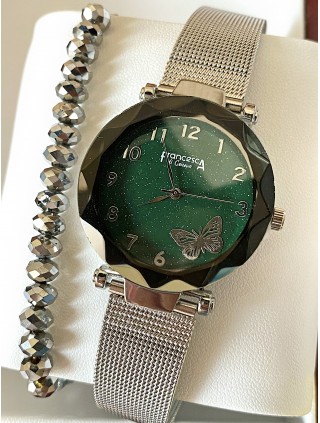 Ceas dama argintiu cu bratara metalica si cadran verde cu fluture mic