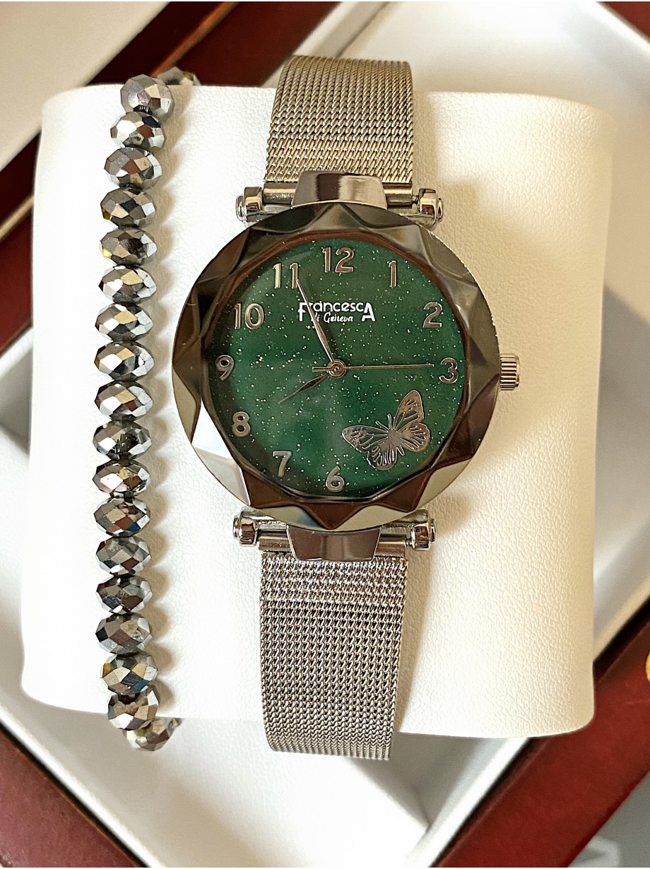 Ceas dama argintiu cu bratara metalica si cadran verde cu fluture mic