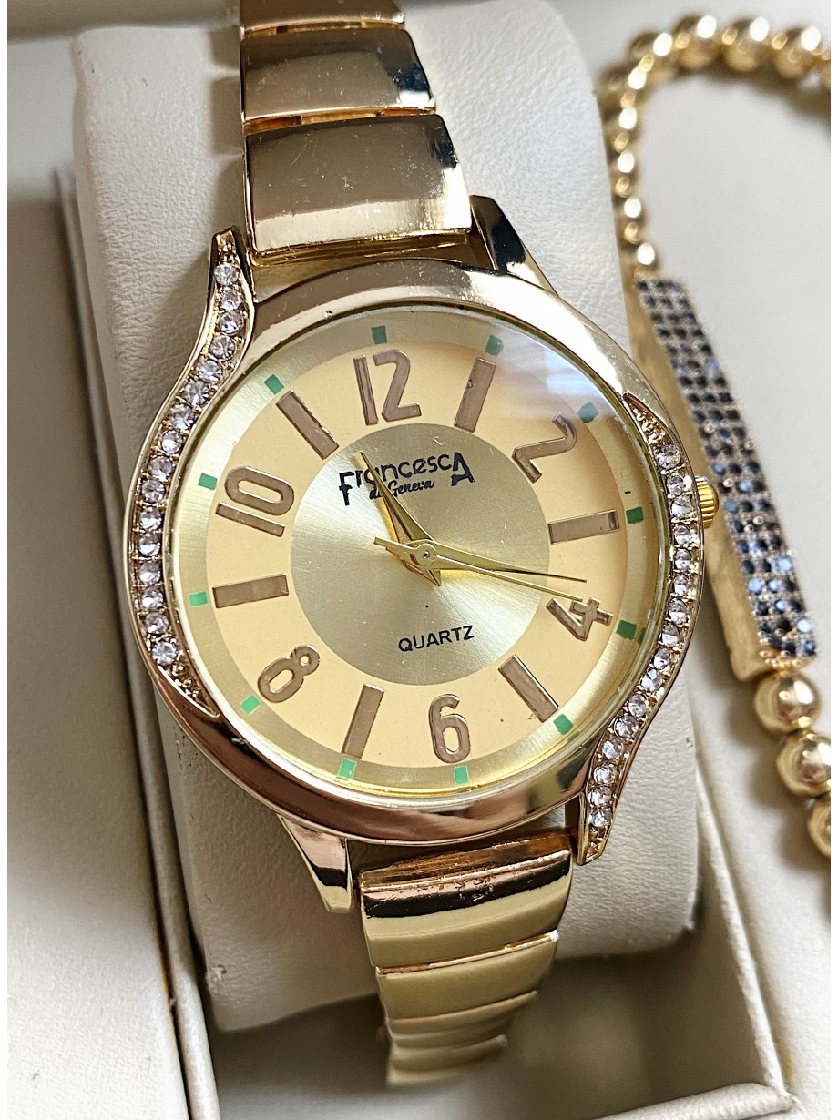 Ceas dama auriu cu bratara metalica si cadran cu cifre arabe