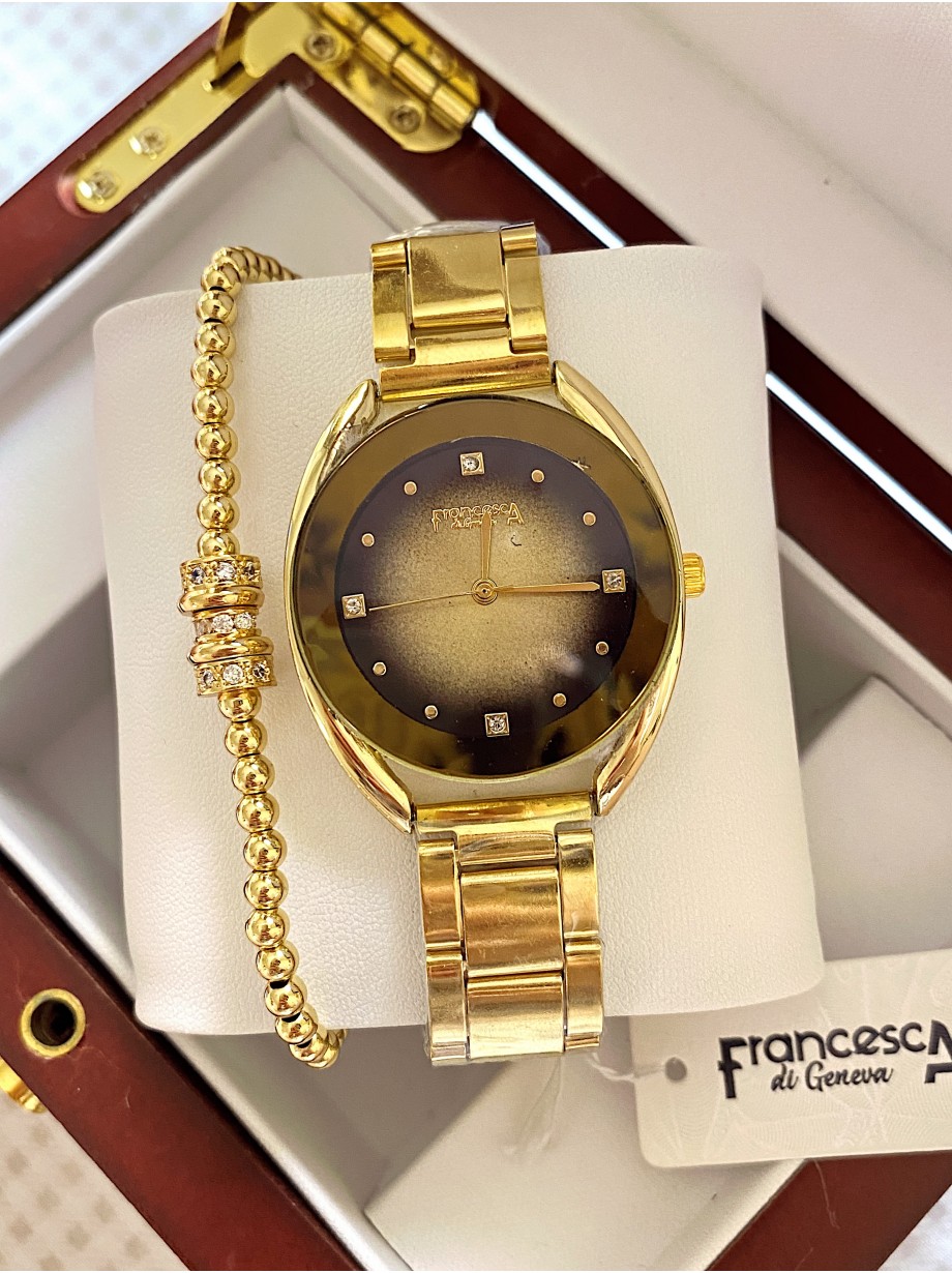 Ceas dama auriu cu bratara metalica si cadran negru