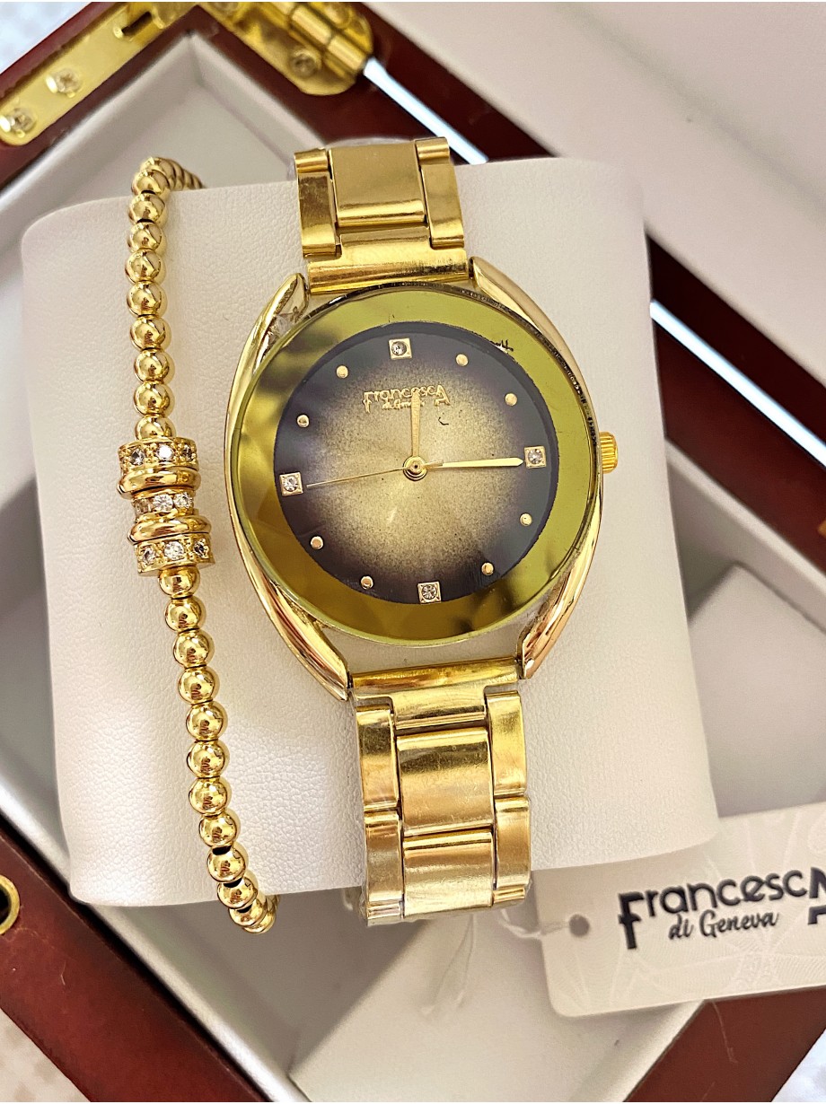 Ceas dama auriu cu bratara metalica si cadran negru