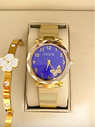 Ceas dama auriu cu bratara metalica si cadran albastru cu fluture mic