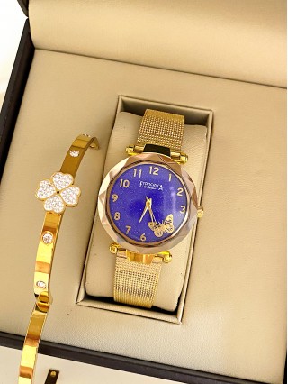 Ceas dama auriu cu bratara metalica si cadran albastru cu fluture mic